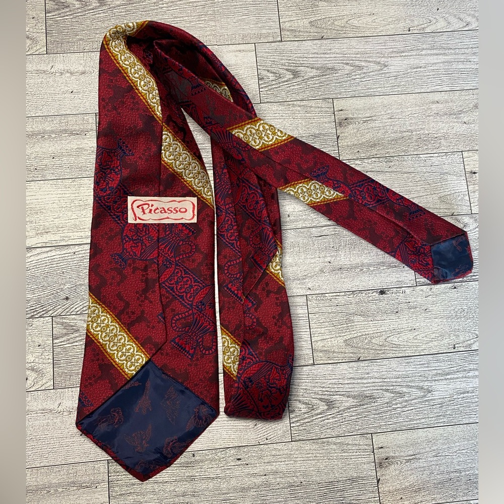 Vintage Picasso‎ Hand Made High Fashion Maroon Men’s Tie Pottery Design - Picture 3 of 3